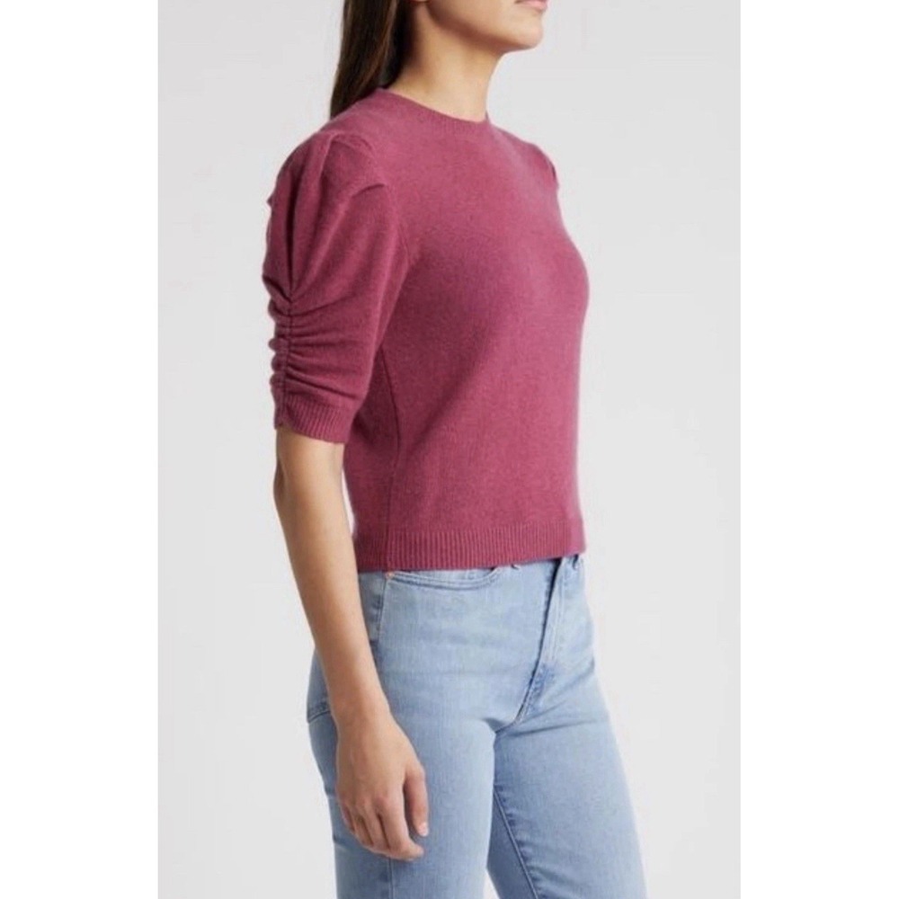 FRAME Ruched Sleeve 100% Cashmere Cropped Sweater in Dragon Fruit Pink Large - Picture 2 of 11